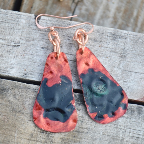 Modernist Floral Red Blue Solid Pure Copper Embossed Flower Earrings Handmade - Picture 2 of 2